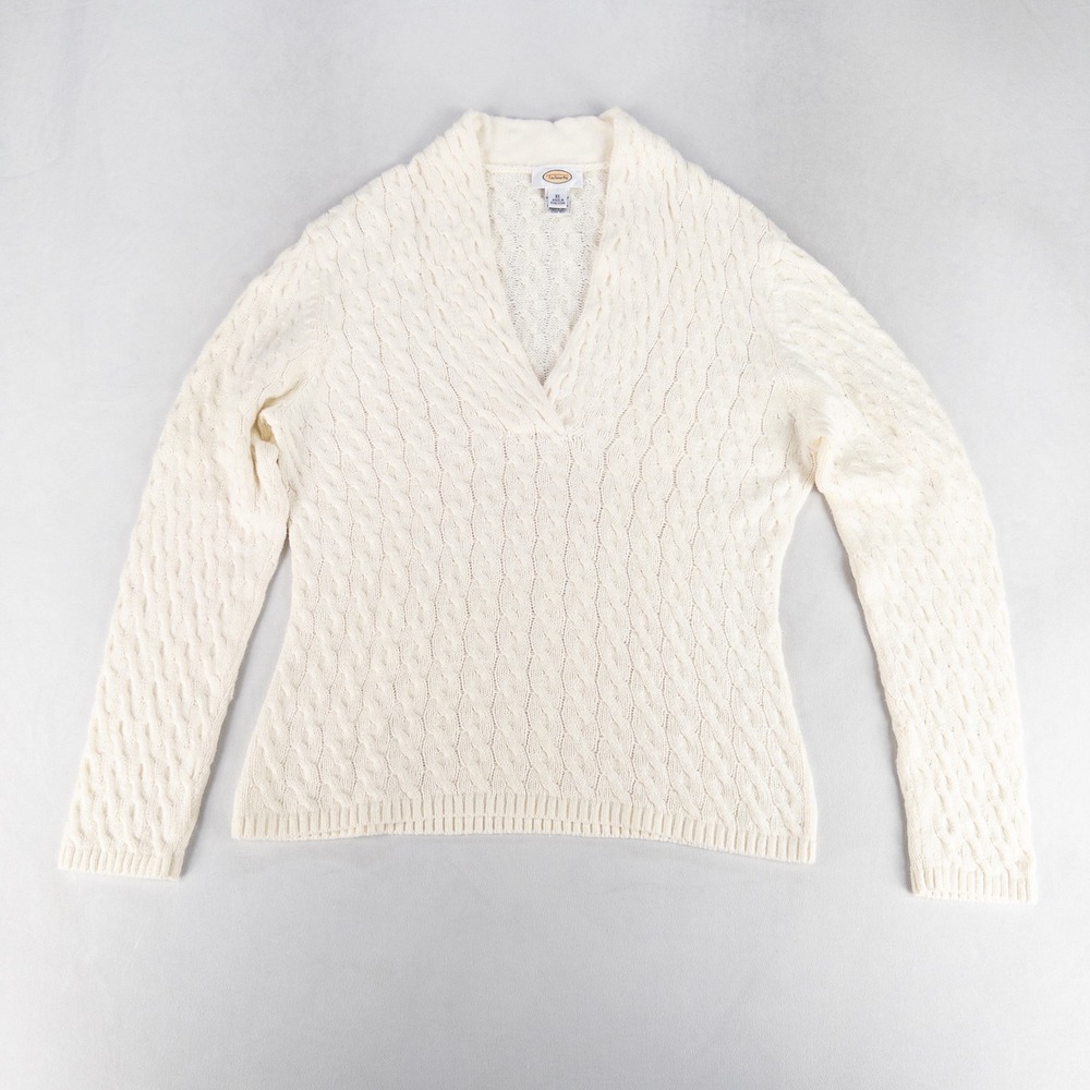 Talbots Sweater Womens XL Ivory Cable Knit V-Neck Pullover Quiet Luxury Heritage